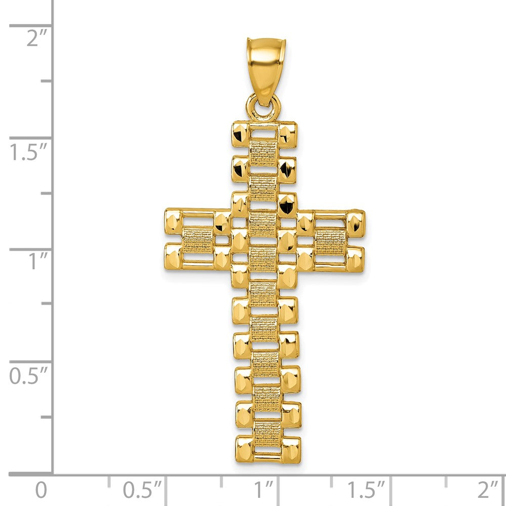 Anhänger Lateinisches Kreuz aus 14K Gelbgold, poliert, diamantiert und strukturiert, mit Phantasie-Kettenglieder-Design