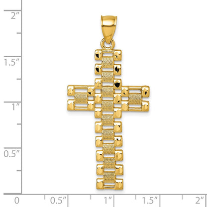 Anhänger Lateinisches Kreuz aus 14K Gelbgold, poliert, diamantiert und strukturiert, mit Phantasie-Kettenglieder-Design