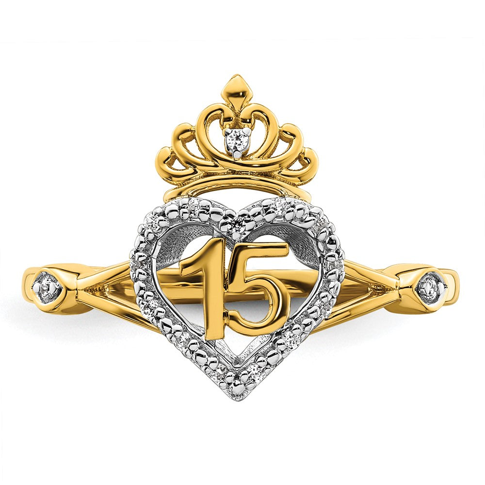14K Bicolor Gold Polierter Diamant-Ring mit Herz/Krone-Motiv "Quinceañera"