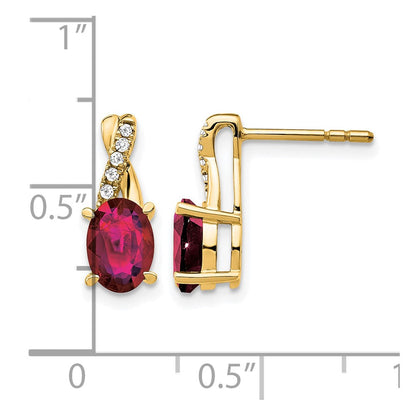 14K Gelbgold Ohrstecker mit 7x5 ovalem Juli-Geburtsstein/synthetischem Rubin und Diamanten