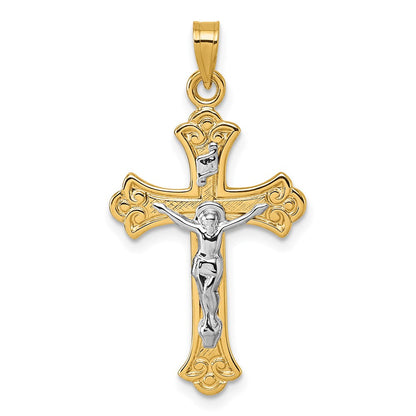 14K Gelbgold mit Rhodium Poliert Fleur De Lis Inri Kruzifix Kreuz Anhänger
