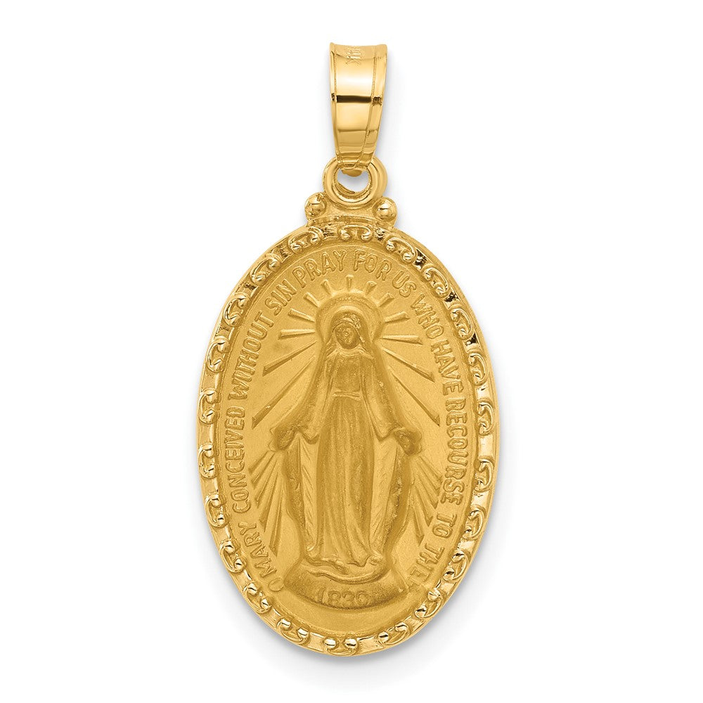 14K Gelbgold Poliert und Satiniert Massiv Wundertätig Medaille Oval Anhänger