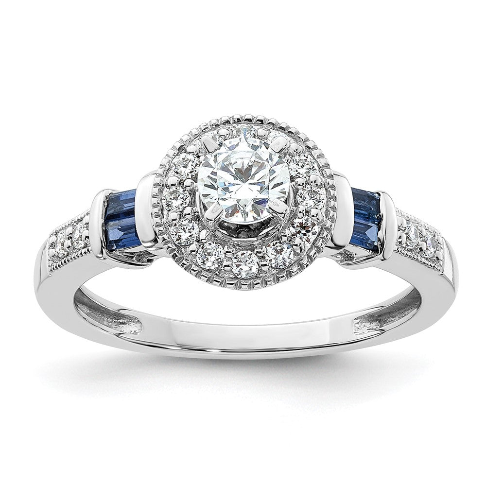 14K Weißgold Verlobungsring mit rundem Halo, 0,5K Labor-Diamant VS/SI+ G+ und gezüchtetem Saphir