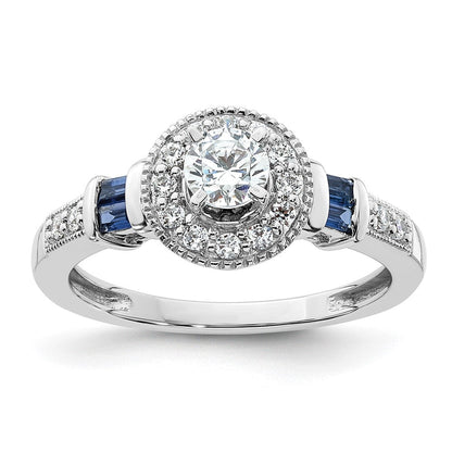 14K Weißgold Verlobungsring mit rundem Halo, 0,5K Labor-Diamant VS/SI+ G+ und gezüchtetem Saphir