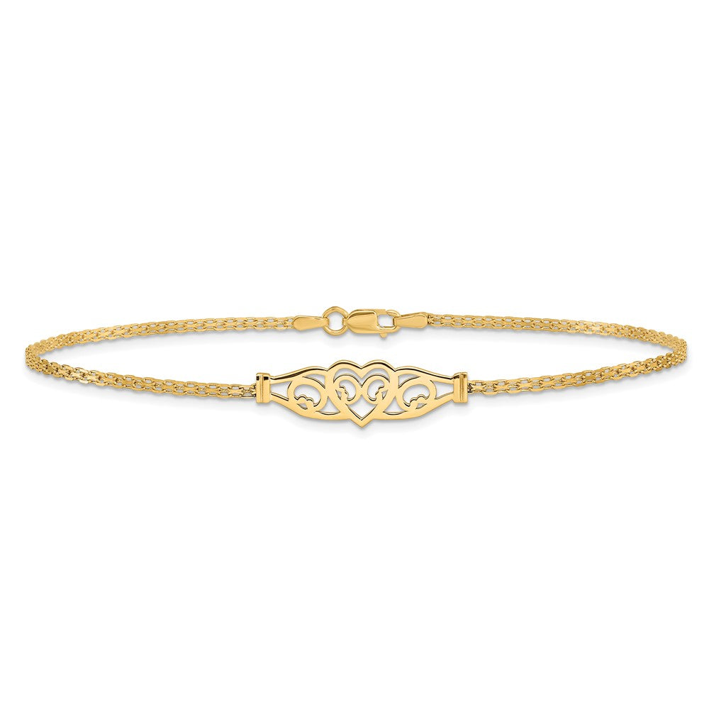 14K Gelbgold Poliert Filigran Herz und Bismark Kette Fußkettchen
