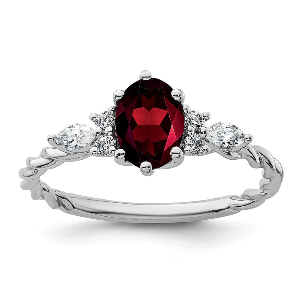 14K Weißgold Ring mit Diamanten und ovalem 7x5 Januar-/Granat-Stein, gedreht, Größe 7