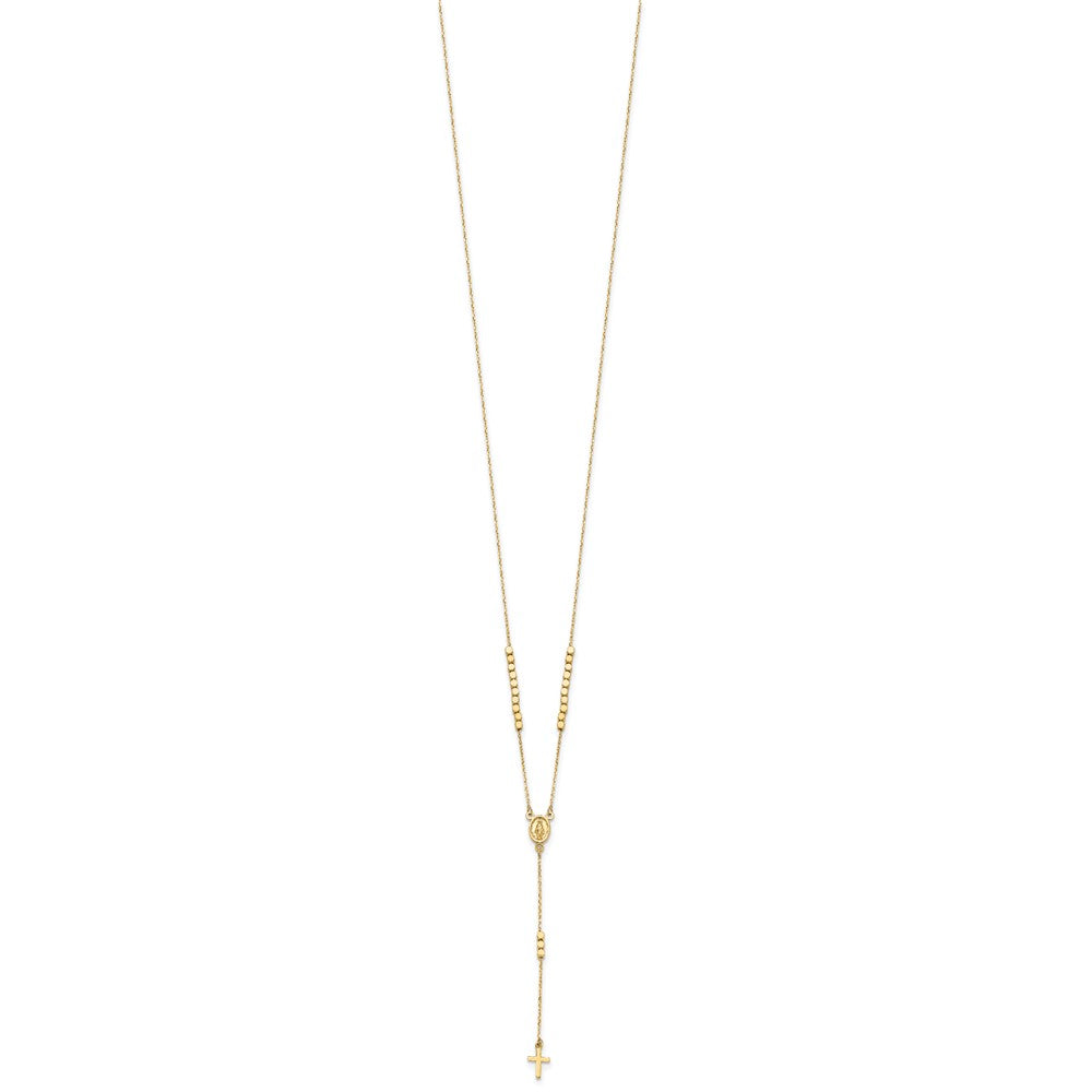 14K Gelbgold Poliert Wundertätig Medaille und Kreuz Rosenkranz Design 17.75 Zoll Y-drop Halskette