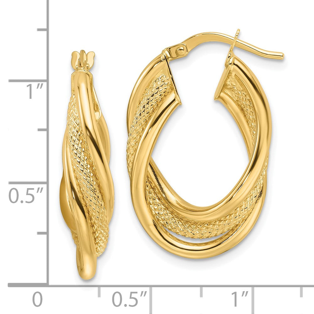 14K Gelbgold Poliert Strukturiert & Intertwined Oval Creolen