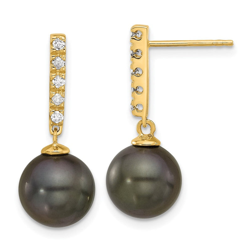 14K Gelbgold 9-10mm Schwarz Rund Tahitian Salzwasser Zuchtperle Und.20 Karat Diamant Stecker Ohrhänger