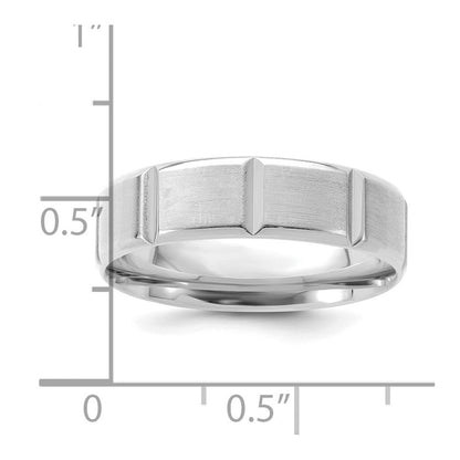 14K Weißgold 6 mm Ehering mit Standardgewicht, Komfort-Passform, gebürstet/poliert, abgeschrägte Kante mit vertikalen Linien