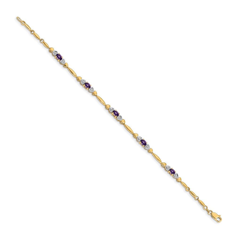14K Gelbgold Komplett Diamant und Oval Amethyst Herz Design 7 Zoll Armband