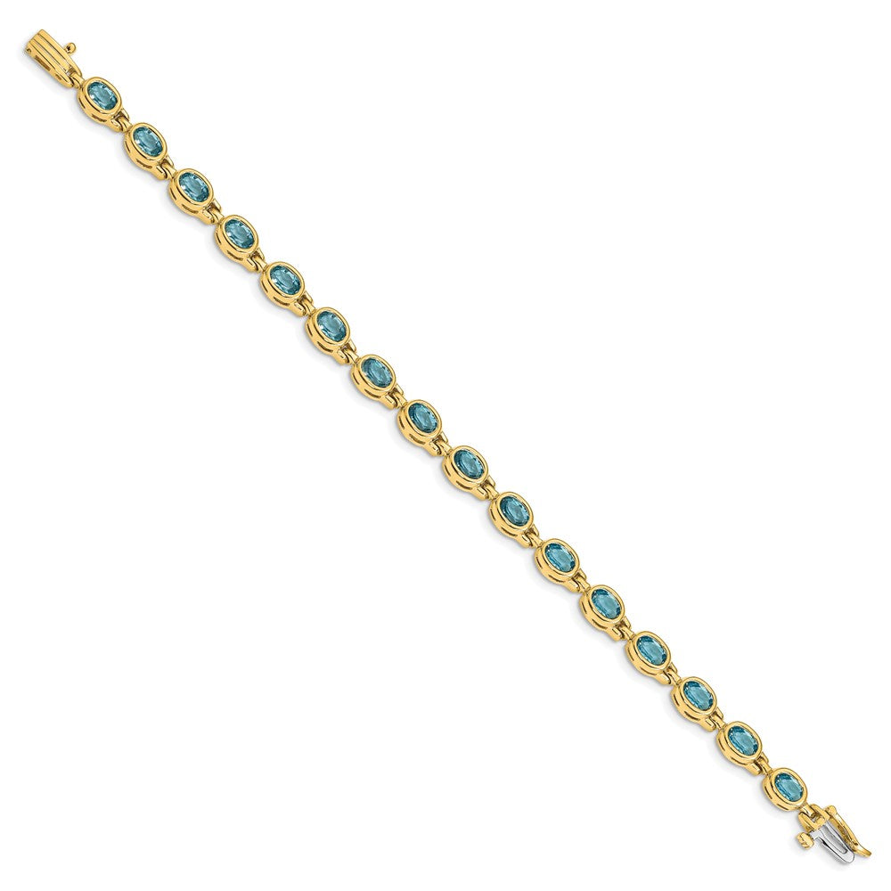 14K Gelbgold Komplett Oval Schweizer Blautopas Zargenfassung-set 7 Zoll Armband