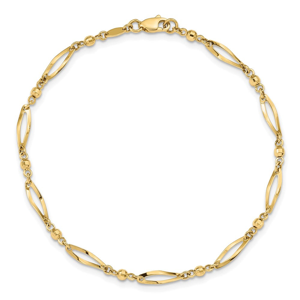 14K Gelbgold Poliert Gedreht Oval und Mirror Perlen 9 Zoll Fußkettchen