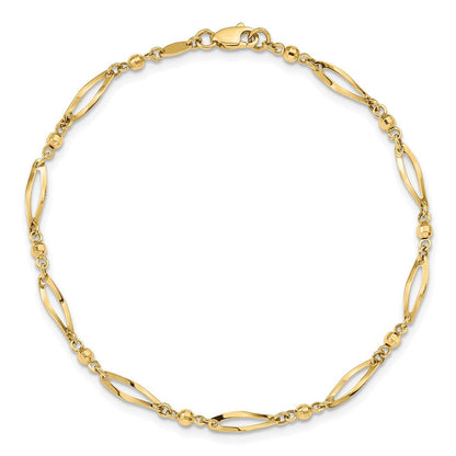 14K Gelbgold Poliert Gedreht Oval und Mirror Perlen 9 Zoll Fußkettchen