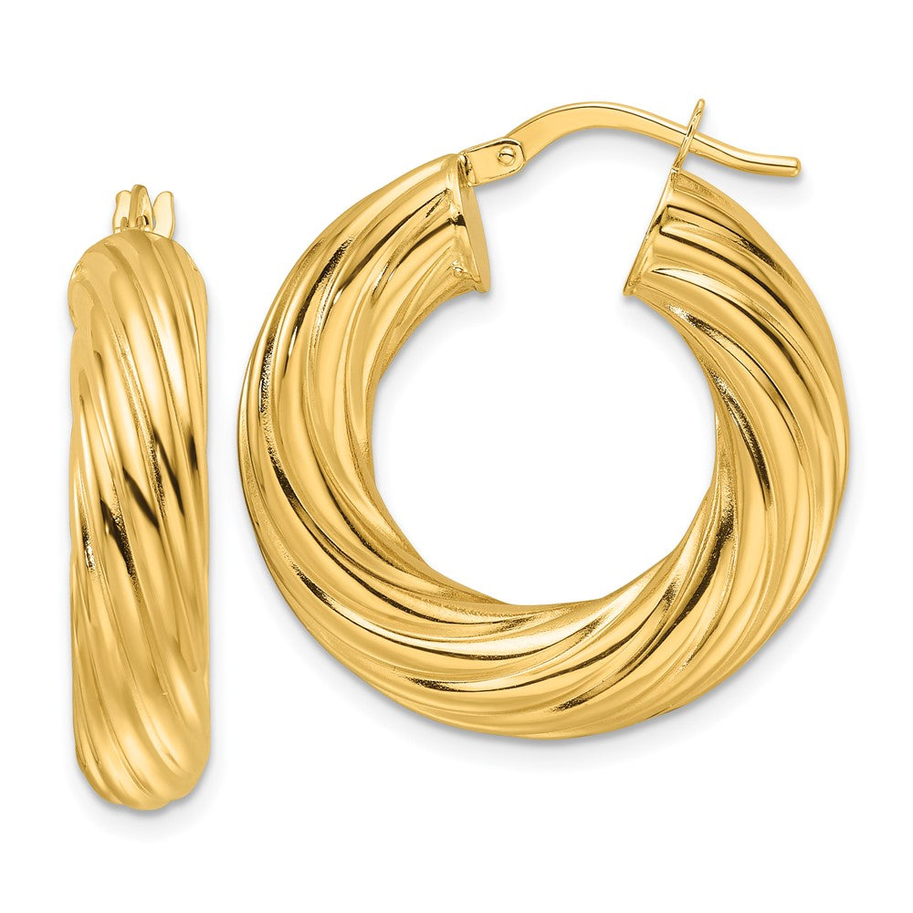 14K Gelbgold Poliert Gedreht 6mm Hohl Rund Creolen