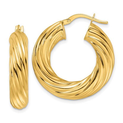 14K Gelbgold Poliert Gedreht 6mm Hohl Rund Creolen