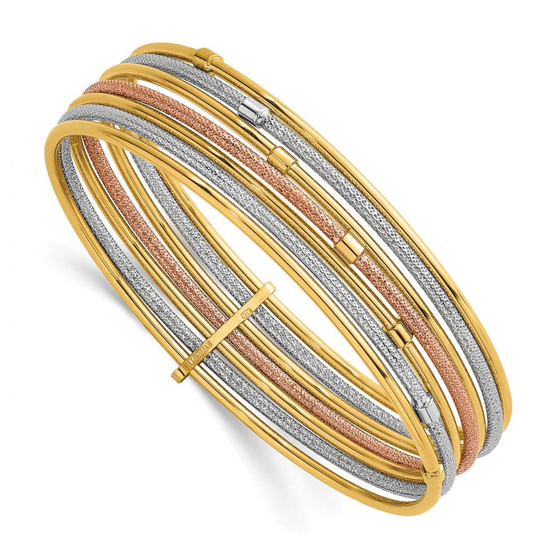 14K Tricolor Gold mit und Rhodium Poliert und Strukturiert Gekugelt 7-strand Schieber-on Rund Armreif Armband