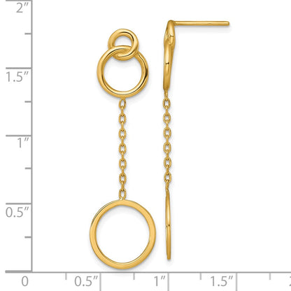14K Gelbgold Poliert 2 Kreise und Kette Hängend Ohrstecker