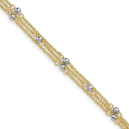 14K Bicolor Gold Bicolor 3-strand Kette mit Mirror Perlen Plus Verlängerung - Total Fußkettchen