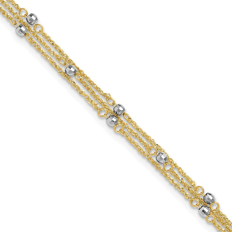 14K Bicolor Gold Bicolor 3-strand Kette mit Mirror Perlen Plus Verlängerung - Total Fußkettchen