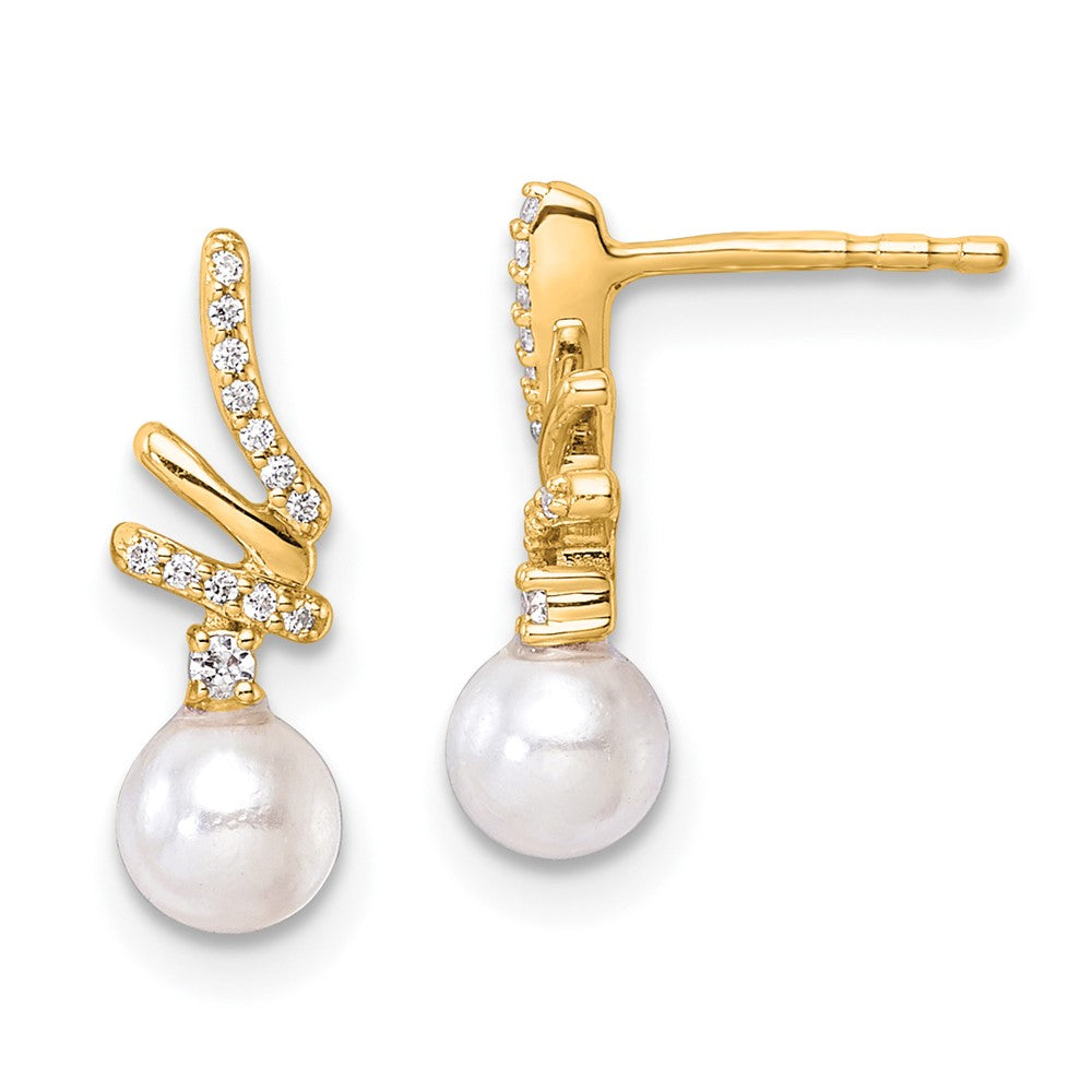14K Gelbgold Ohrhänger mit poliertem Finish, 0,1K Diamant und Süßwasser-Zuchtperlen, mit Steckverschluss