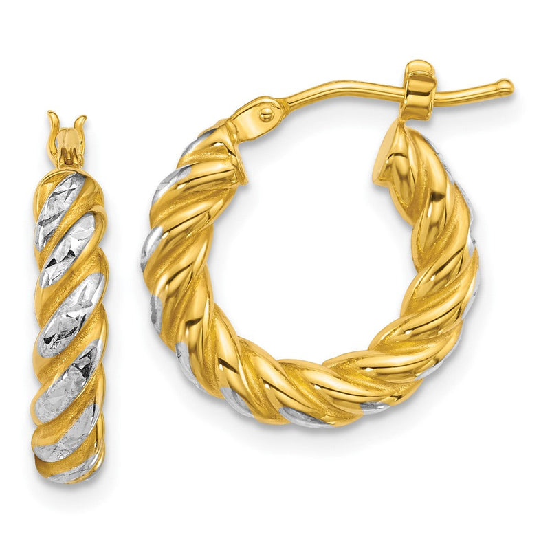 14K Gelbgold mit Rhodium Poliert Diamantiert Gedreht 3.75mm Röhre Creolen