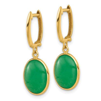 14K Gelbgold Poliert Oval Jade Cabochon Hängend Klappbar Creolen