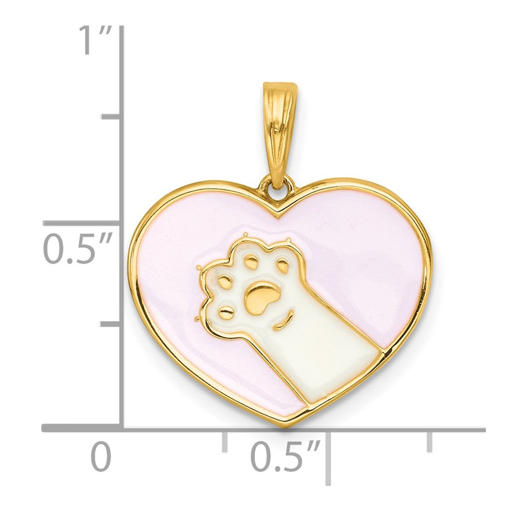 14K Gelbgold Polierter Emaille-Pfotenabdruck-Charm in rosa Herz