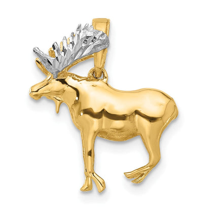 14K Gelbgold und Rhodium diamantgeschliffener 3-D-Elch-Anhänger