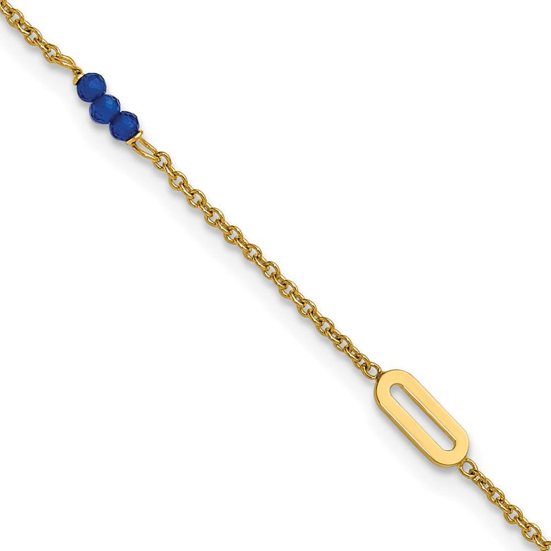 14K Gelbgold Poliert Blau Spinell Perlen und Ovals 9 Zoll Plus 1 Zoll Verlängerung - Total 10 Zoll Fußkettchen