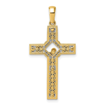 14K Bicolor-Gold Kruzifix-Anhänger, poliert und satiniert, mit quadratischem Ausschnitt