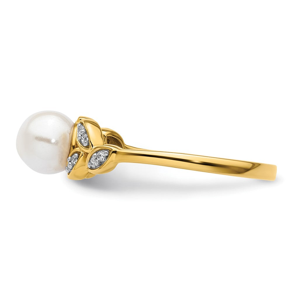 14K Gelbgold Ring mit poliertem Blattdesign, 0,05K Diamant und Süßwasser-Zuchtperle, Größe 7