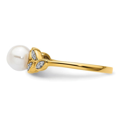 14K Gelbgold Ring mit poliertem Blattdesign, 0,05K Diamant und Süßwasser-Zuchtperle, Größe 7