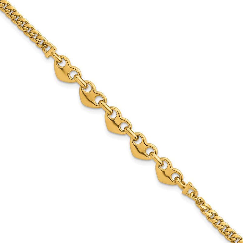 14K Gelbgold Poliert Five Herzen mit Panzer Glieder 7 Zoll Armband