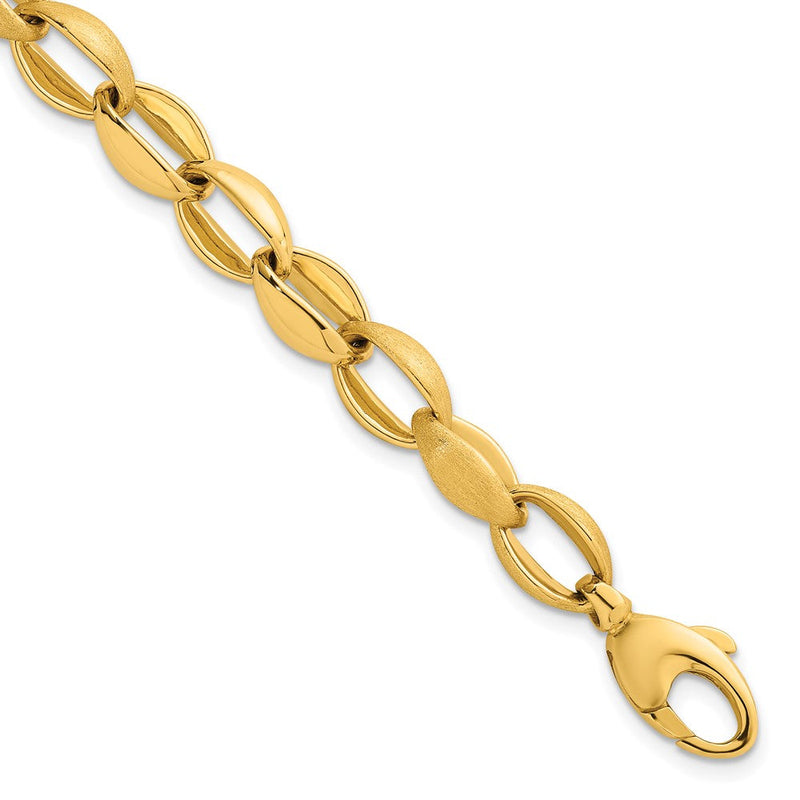 14K Gelbgold Poliert und Gebürstet 8.1mm Fantasie Oval Ankerkette Glieder 7.25 Zoll Armband