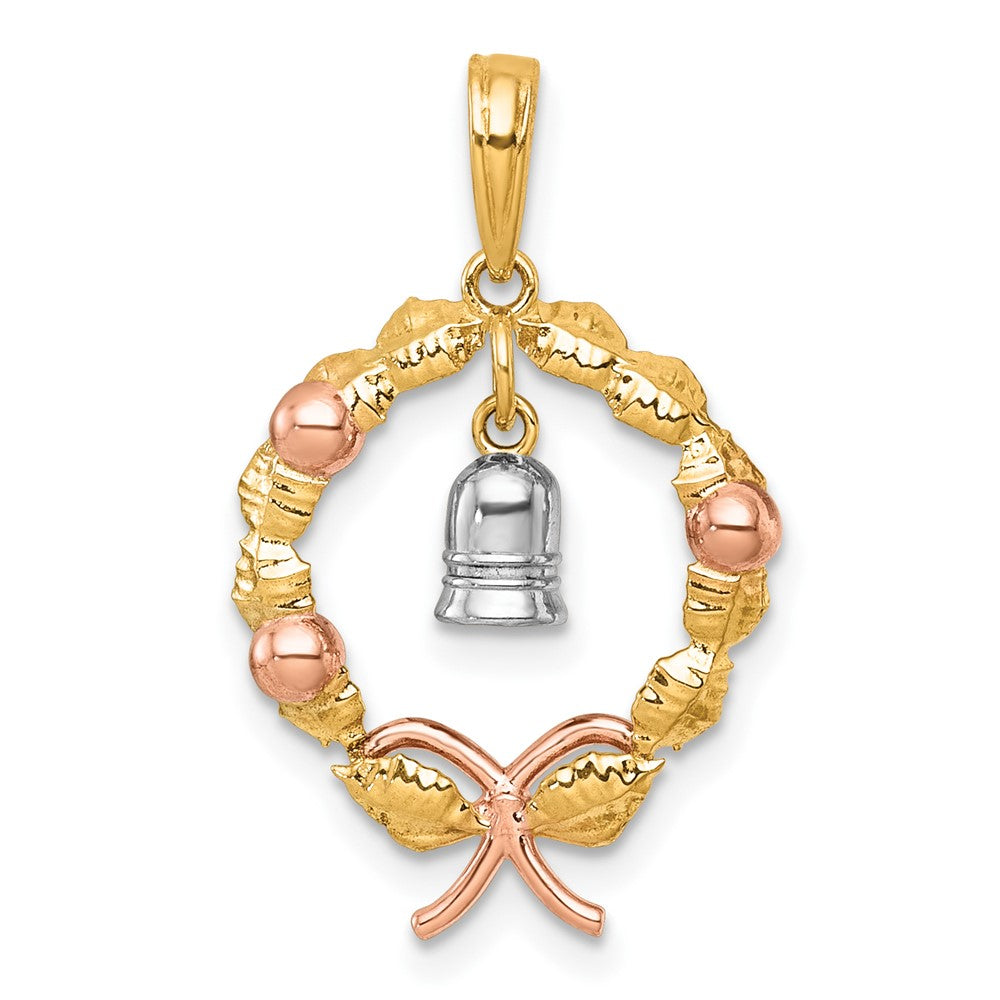 14K Zweifarbig-Gold Zweifarbig-vergoldeter Polierter Kranz-Charm mit Baumel-Glöckchen