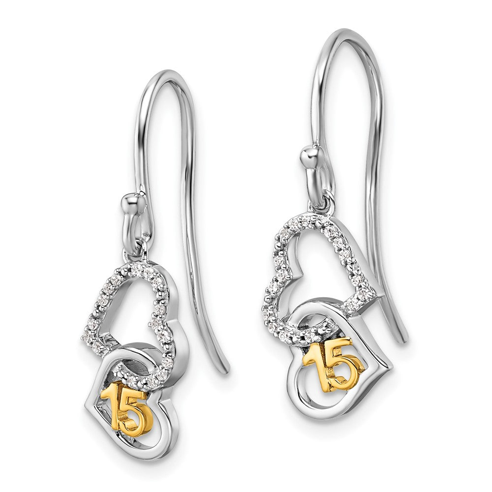 14K Bicolor-Gold Diamant-Ohrhänger „Quinceañera 15" mit Doppelherz-Motiv und französischem Ohrhaken, 0,1 ct