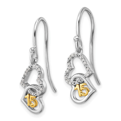 14K Bicolor-Gold Diamant-Ohrhänger „Quinceañera 15" mit Doppelherz-Motiv und französischem Ohrhaken, 0,1 ct