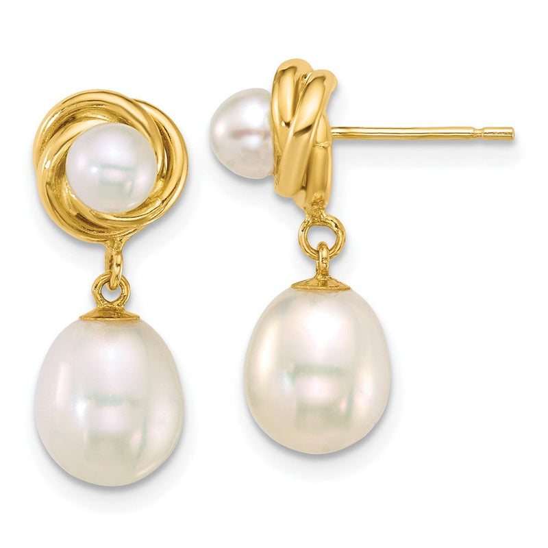 14K Gelbgold Poliert 4-5mm Knopf und 7-8mm Rice Süßwasser Zuchtperle Hängend Ohrstecker