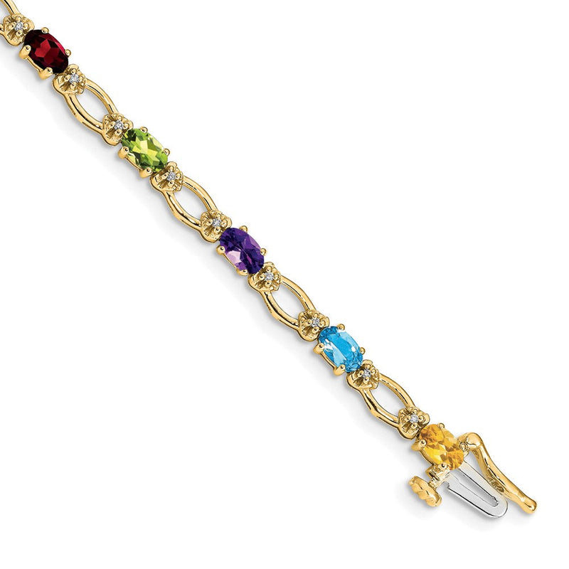 14K Gelbgold Komplett Diamant und Oval Granat/peridot/amethyst/citrine/swiss Blautopas 7 Zoll Regenbogen Armband