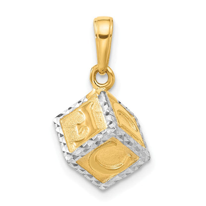 14K Gelbgold und Rhodium diamantgeschliffener 3-D Baby-Alphabet-Würfel-Anhänger