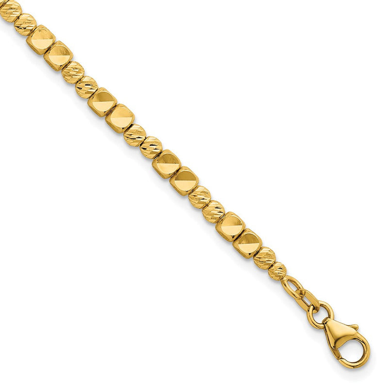 14K Gelbgold Poliert Diamantiert und Quadratisch Gekugelt 7 Zoll Armband
