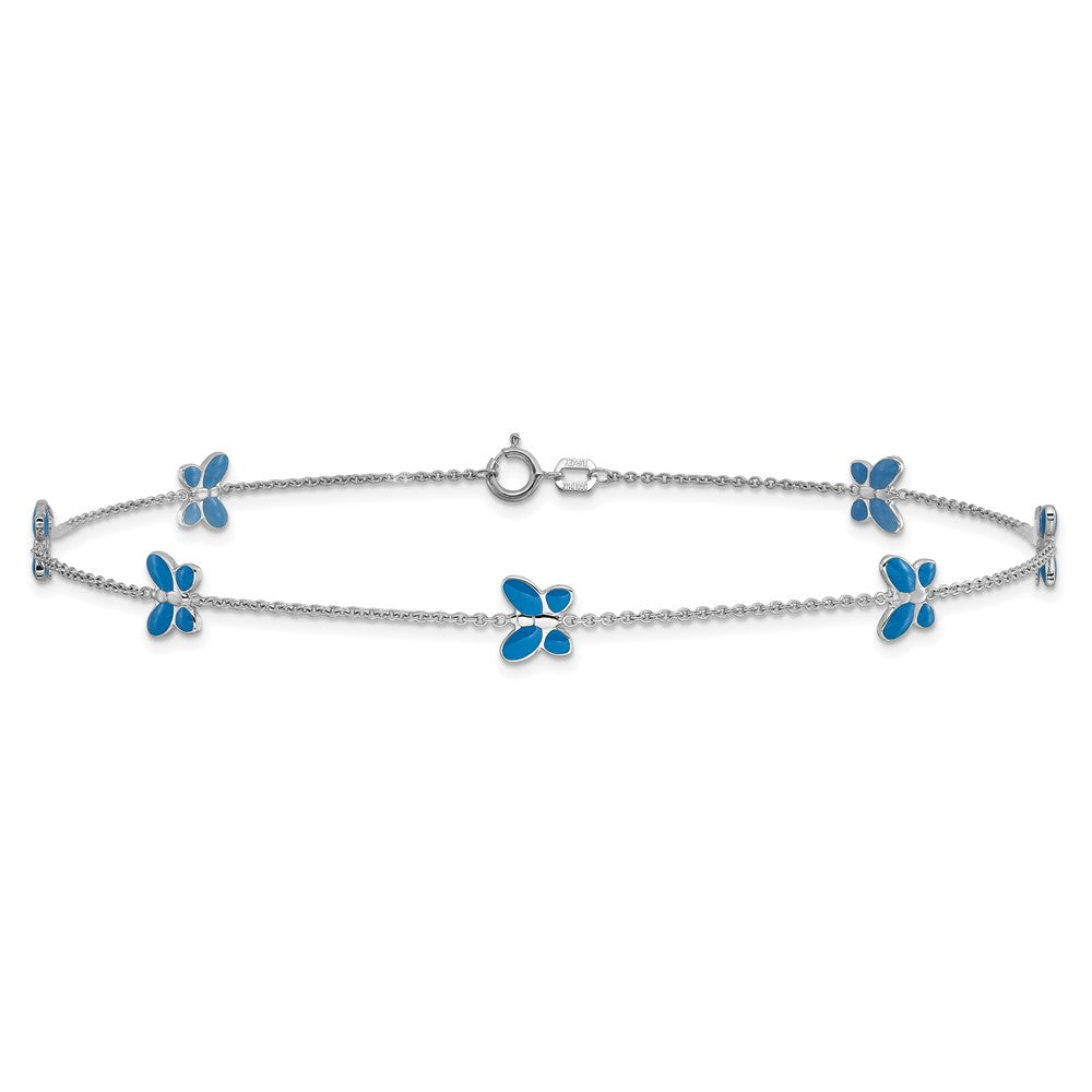 14K Weißgold Blau Emailliert Butterflies 7-station 10 Zoll Fußkettchen