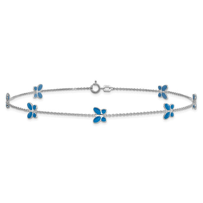 14K Weißgold Blau Emailliert Butterflies 7-station 10 Zoll Fußkettchen