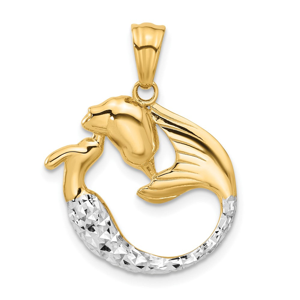14K Gelbgold mit Rhodium diamantgeschliffener Meerjungfrauen-Anhänger