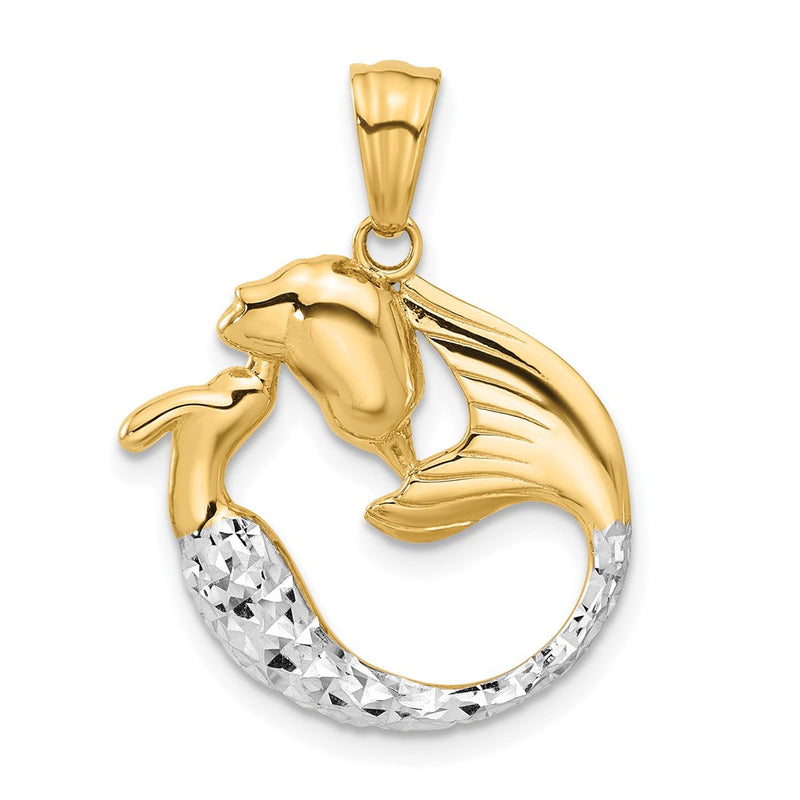 14K Gelbgold mit Rhodium diamantgeschliffener Meerjungfrauen-Anhänger