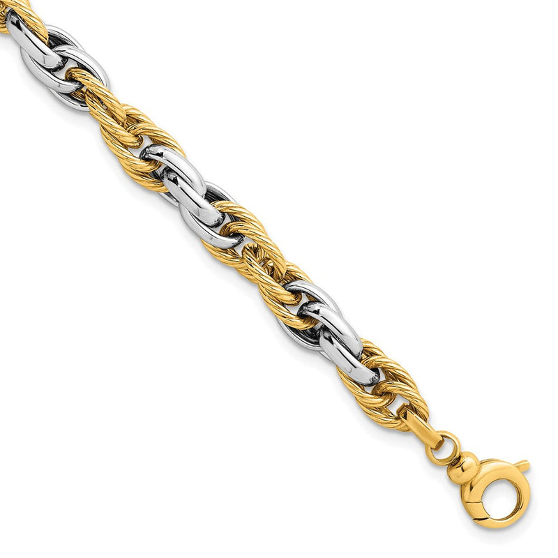 14K Bicolor Gold Bicolor Poliert und Gedreht 6.5mm Leicht Fantasie Kordel Glieder Gliederarmband