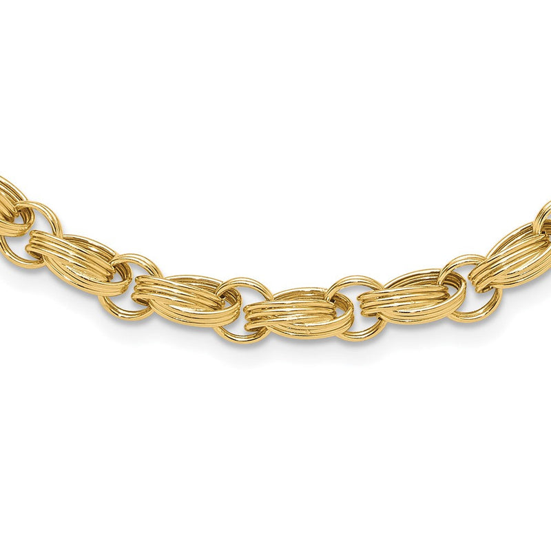 14K Gelbgold Poliert 4.8mm Oval Fantasie Dreifach Glieder 18 Zoll Halskette