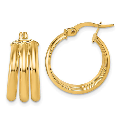 14K Gelbgold Poliert Dreifach Reihe 8.00mm X 18mm Röhre Rund Creolen