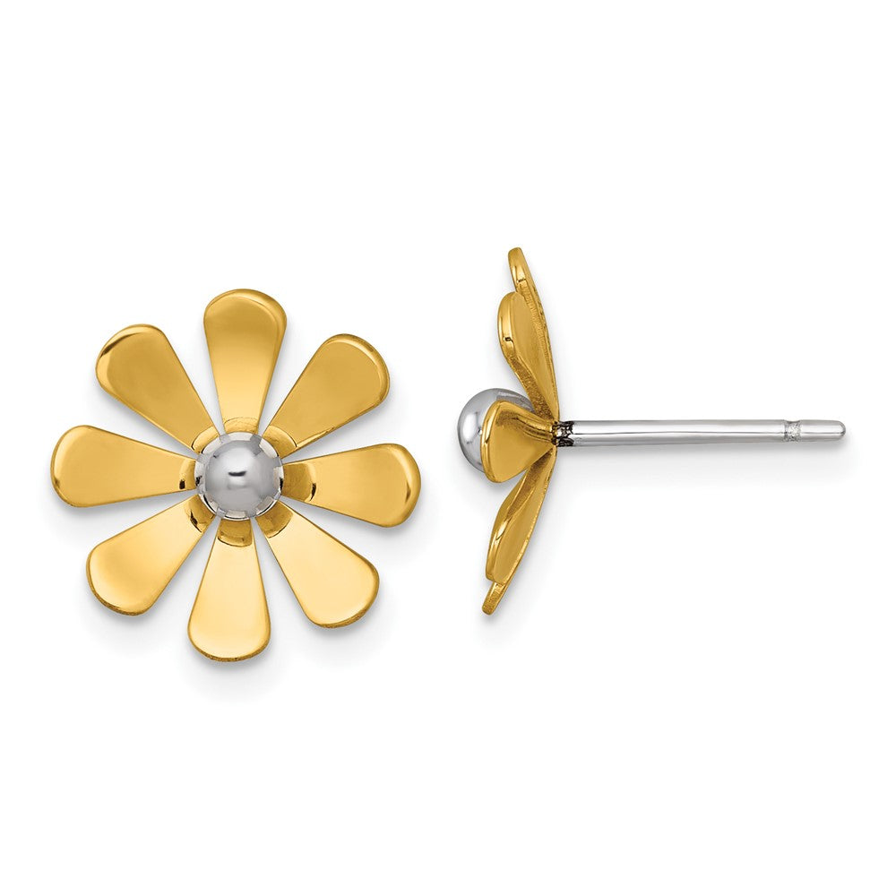 14K Gelbgold Poliert Gänseblümchen mit Rhodium Mittig Ohrstecker